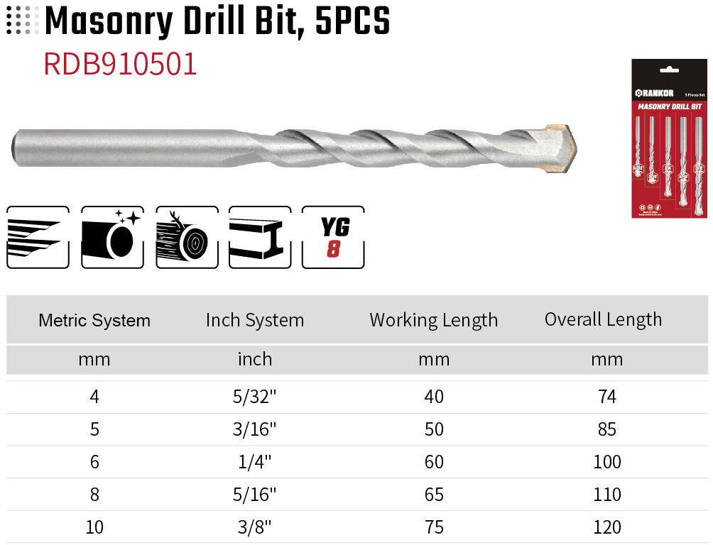 Masonry Drill Bit 5PCS RDB910501