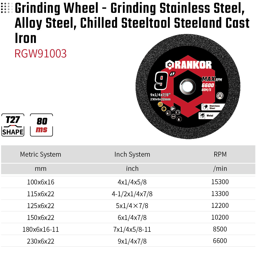 Grinding Wheel - Grinding Stainless Steel Alloy Steel Chilled Steeltool Steeland Cast Iron RGW91003