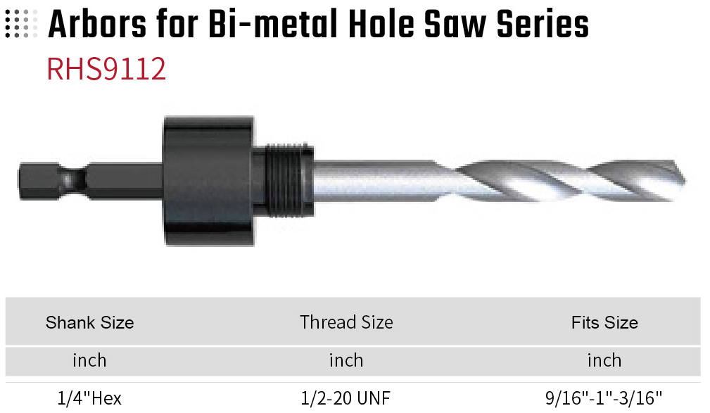 Arbors for Bi-metal Hole Saw Series RHS9112