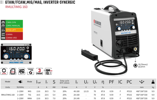 GTAW/FCAW MIG/MAG INVERTER-SYNERGIC RMULTIMIG 160