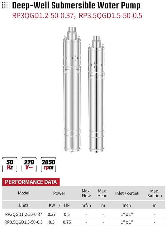 Deep-Well Submersible Water Pump RP3QGD1.2-50-0.37  RP3.5QGD1.5-50-0.5