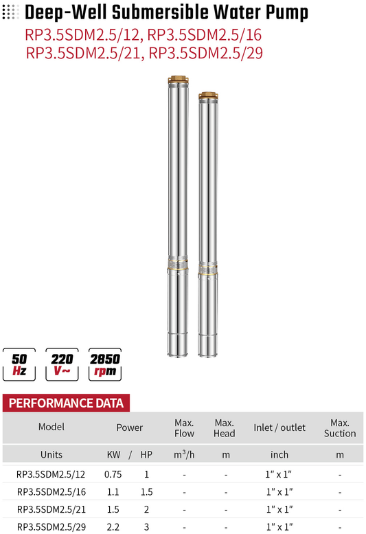 Deep-Well Submersible Water Pump RP3.5SDM2.5/12 RP3.5SDM2.5/16 RP3.5SDM2.5/21 RP3.5SDM2.5/29