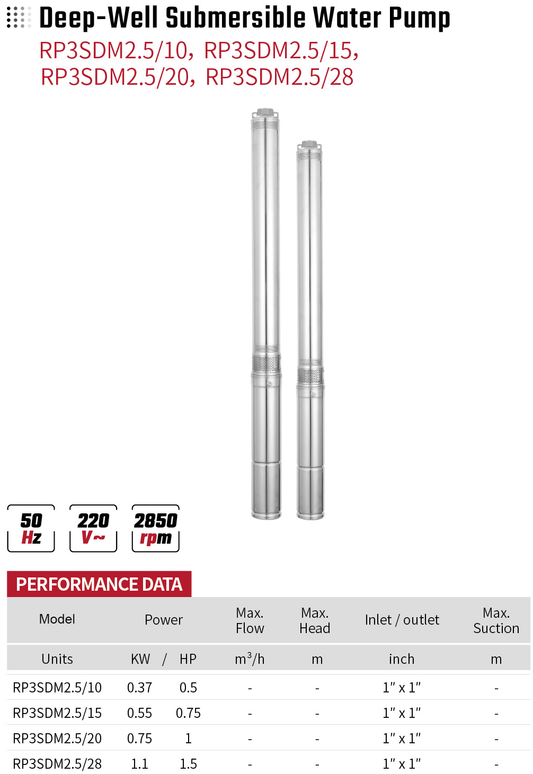 Deep-Well Submersible Water Pump RP3SDM2.5/10 RP3SDM2.5/15 RP3SDM2.5/20  RP3SDM2.5/28