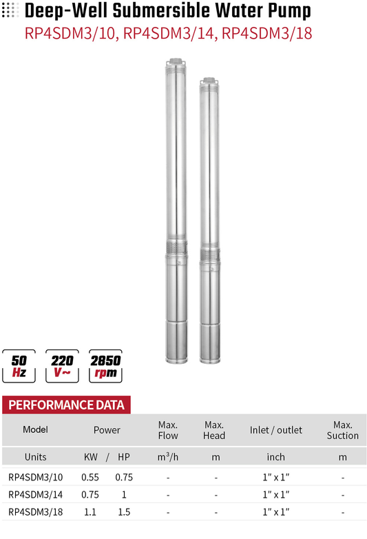 Deep-Well Submersible Water Pump RP4SDM3/10 RP4SDM3/14 RP4SDM3/18