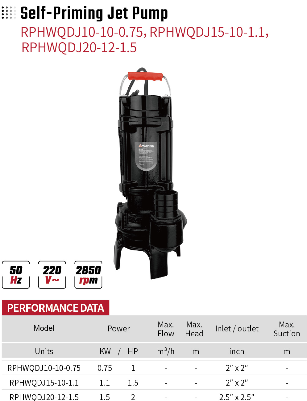 Self-Priming Jet Pump RPHWQDJ10-10-0.75 RPHWQDJ15-10-1.1 RPHWQDJ20-12-1.5