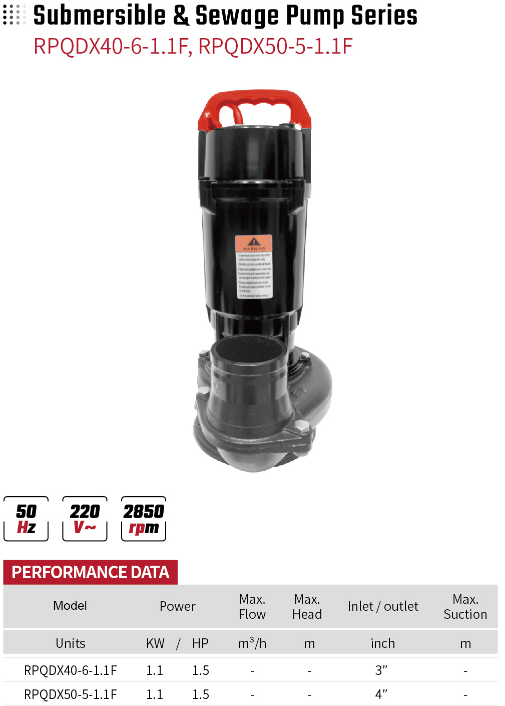 Submersible & Sewage Pump Series RPQDX40-6-1.1F RPQDX50-5-1.1F